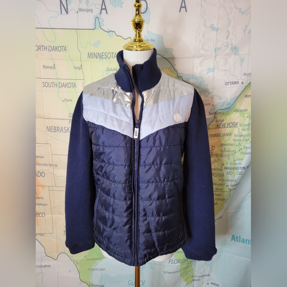 EV1 Navy and Silver Puffer Jacket With Sweater Sleeves Size M.